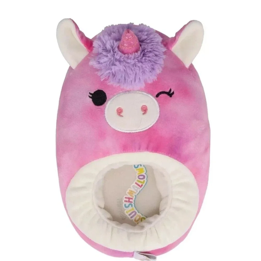 Squishmallows kids Lola the unicorn plush slippers.